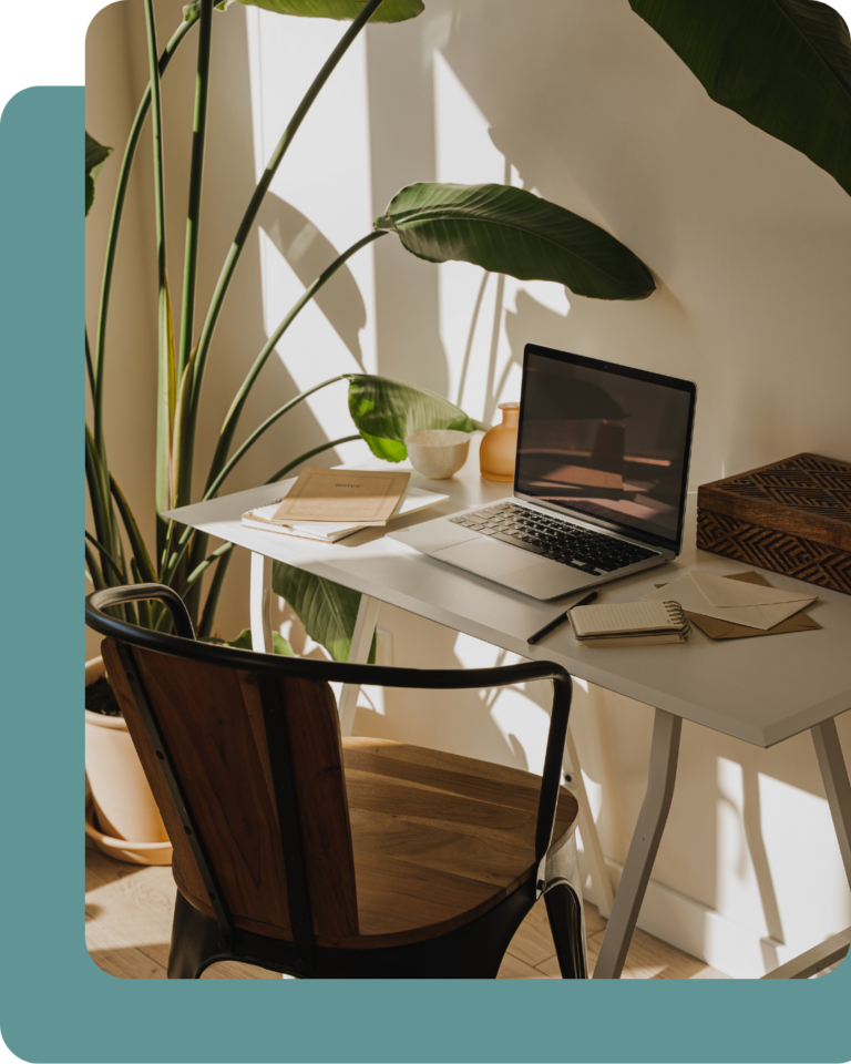 Cozy workspace with laptop and plants